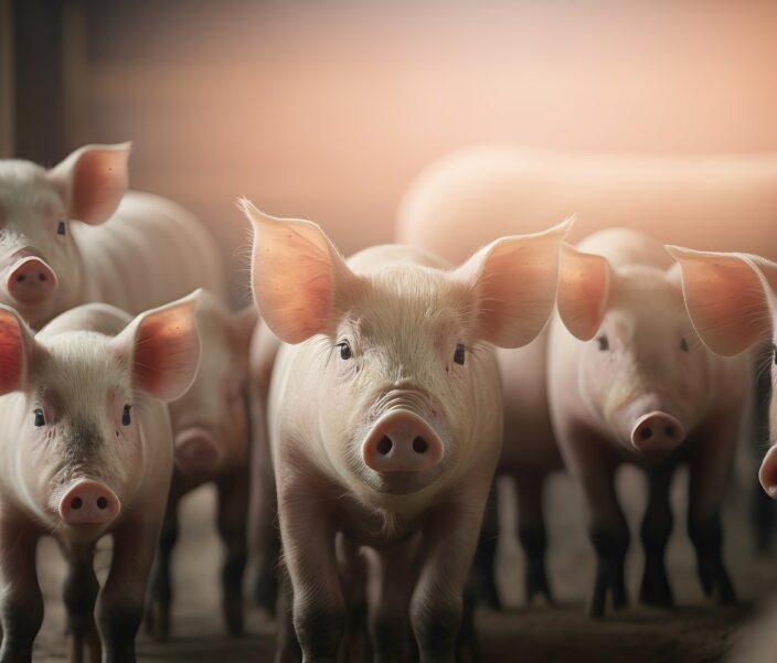 A group of healthy piglets in a clean, well-maintained barn, representing the importance of pig feed hygiene and biosecurity in modern pig farming
