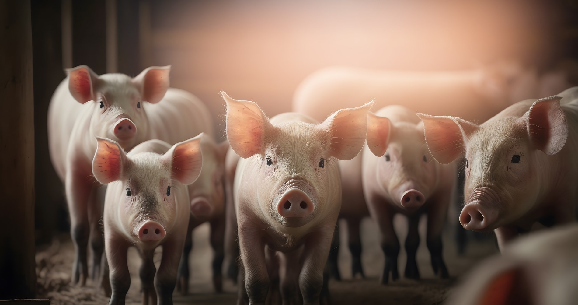 A group of healthy piglets in a clean, well-maintained barn, representing the importance of pig feed hygiene and biosecurity in modern pig farming